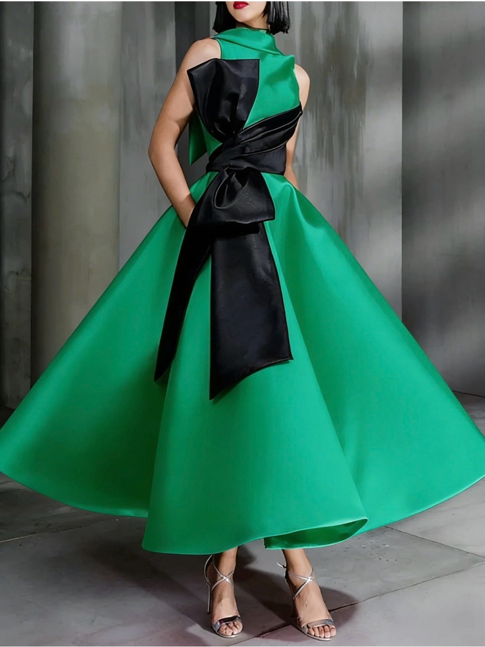 Green Midi Fit-and-Flare Dress with Black Bow Detail